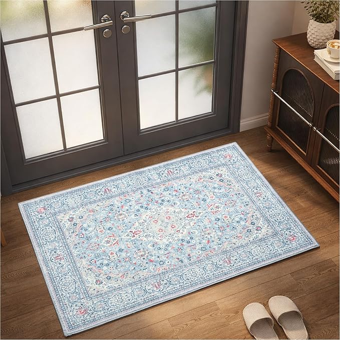 Goideal Washable Entry Rug 2x3, Blue Small Area Rugs Non Slip, Indoor Low Pile Carpet with Rubber Backing for Bathroom Kitchen Entryway Office