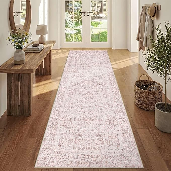 Rugxara 2'6" x 8' Hallway Runner Rug, Non Slip Boho Runner Rugs for Hallway, Kitchen, Entrance, Bathroom, Laundry Room, Soft Ultra-Thin Entryway Carpet, Throw Low Pile Retro Carpet, Pink