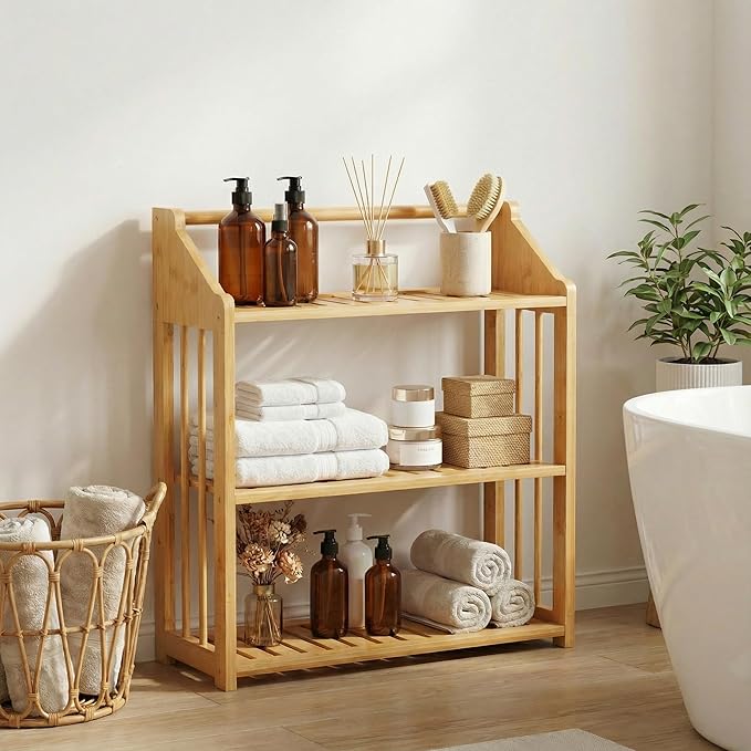 Goaste Bamboo Over The Toilet Storage Shelf, 3-Tier Wall Mounted Bamboo Rack Organizer, Floating Rack with Hanging Rod, Free Standing Shower Shelf with Adjustable Layer for Kitchen, Bathroom, Home