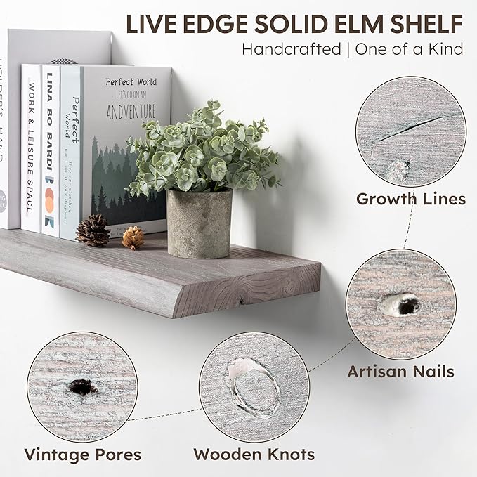 Live Edge Floating Shelves Set of 2, 24 Inch Solid Elm Wood Wall Shelves - Invisible Bracket Mount for Living Room, Bedroom, Kitchen, Bathroom | Weathered Gray