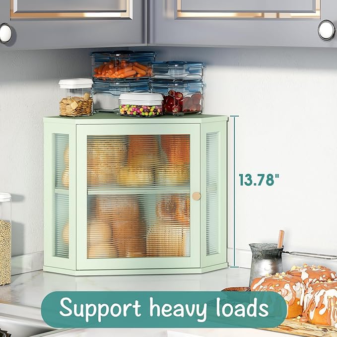 viewcare Corner Bread Box for Kitchen Countertop, Bamboo Wood Large Capacity Bread Storage Bin with Acrylic Wavy Door Panel, Green