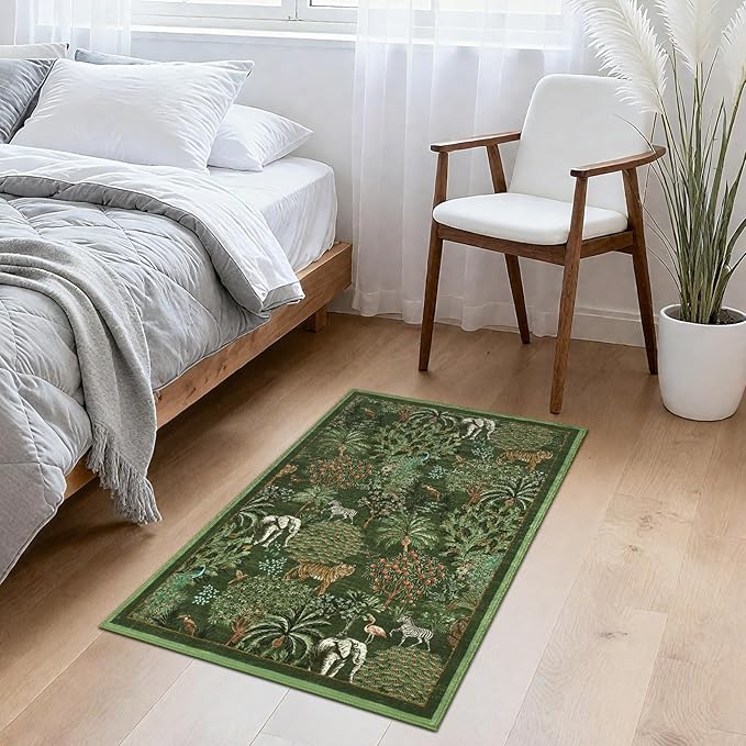 GarveeHome Jungle Rug 2x3 Animal Print Rugs Non Slip Washable Front Door Rug for Entryway, Indoor Kitchen Rugs Low-Pile Small Door Mat Forest Carpet for Bedroom Home Décor, Dark Green