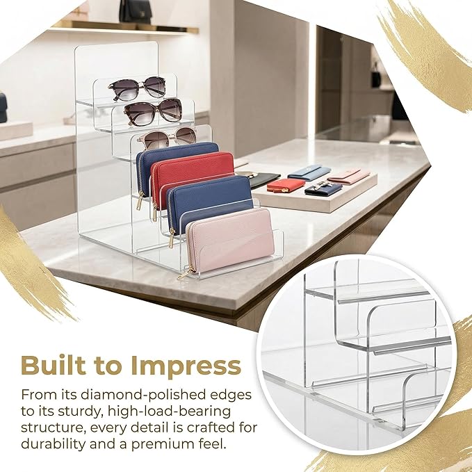 Cabilock 6-Tier Clear Acrylic Display Stand - Multi-Level Wallet Organizer for Sunglasses and Purse Display, Tiered Perfume & Cologne Stand for Men, Slim Riser for Artist Alley & Vendor Craft Show