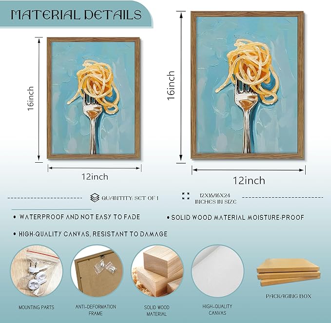 Framed Kitchen Wall Art, Vintage Spaghetti Canvas Wall Decor, Rustic Farmhouse Still Life Oil Painting, Trendy Funny Kitchen Food Artwork Prints Pictures for Dining Room Decorations 16x24 Inch