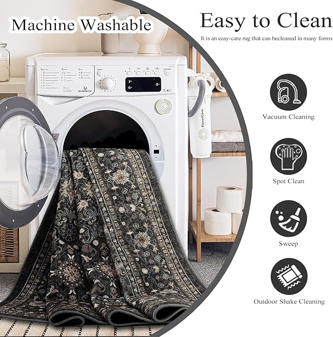 Ruaruarug Area Rug Non Slip Machine Washable Ultra Soft Living Room/Bedroom/Kitchen/Outdoor/Classroom, Black Grey, 9'×12'