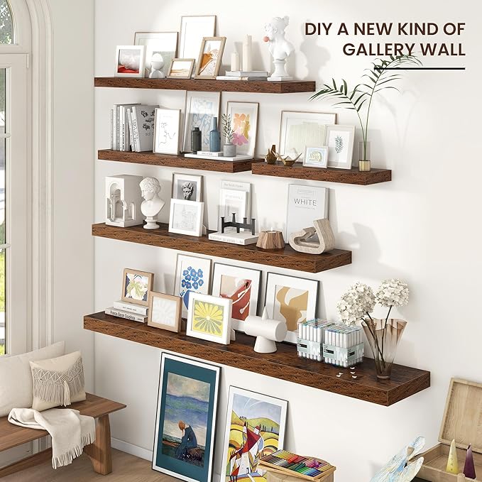 Floating Shelves for Wall 36 inch Long, Engineered Wood Wall Shelves with Invisible Brackets for Living Room Bedroom Bathroom Office Kitchen Decor and Storage, Rustic Brown Finish, Set of 2
