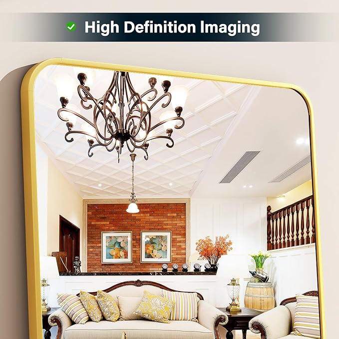 XRAMFY Full Length Mirror 23"x66", Large Floor Mirror with Rectangle Rounded Corners, Gold Aluminum Alloy Frame, Wall Mirror for Full Body