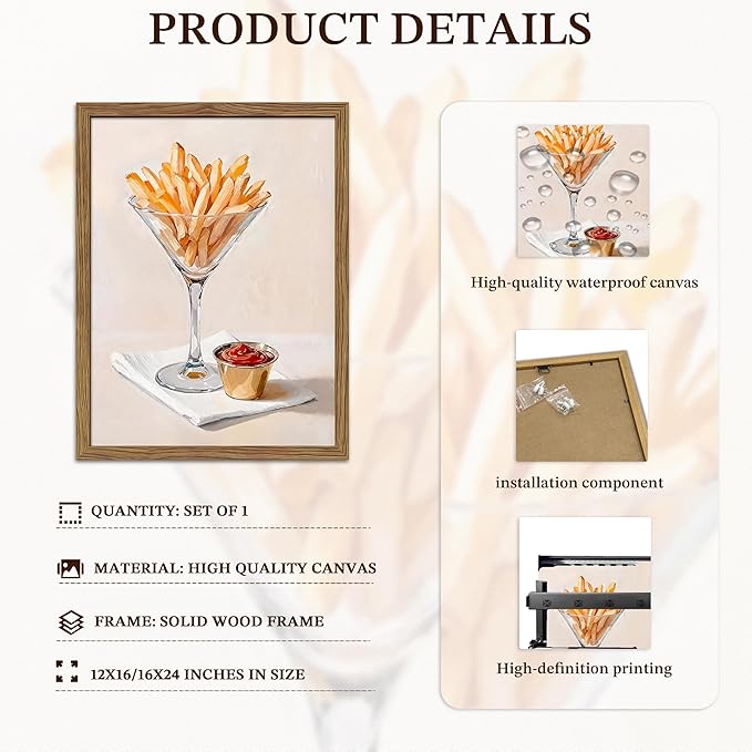 Modern Kitchen Wall Art,Funny Fries in Glass Canvas Wall Decor Painting, Vintage Minimalist Fries Ketchup Food Artwork Prints Pictures for Dining Room Kitchen Decor 12X16 Inch Wood Framed