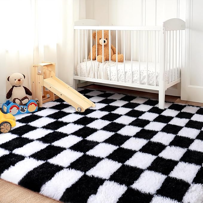 Checkered Rugs for Living Room Bedroom, 5x7 Area Rugs for Living Room, Modern Shaggy Carpets Fuzzy Rug for Boys Girls Dorm Nursery Home Decor Aesthetic, Upgrade Non-Slip Durable, Black and White