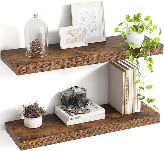 Acovy 24 Inch Floating Shelves, 8 Inch Deep Floating Shelves for Wall, Hanging Shelf with Invisible Brackets, Deep Shelves for Bathroom, Bedroom, Living Room, Brown, Set of 2