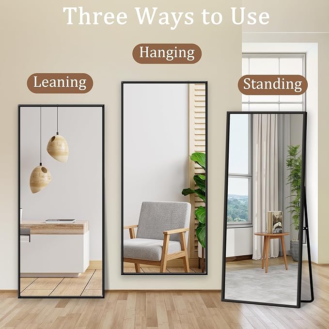 GlasFlength Full Length Mirror with Stand, 64"x21" Full Body Mirror with Aluminum Alloy Frame, Wall-Mounted/Leaning Against Wall/Standing Floor Mirror for Bedroom, Living Room, and Entryway