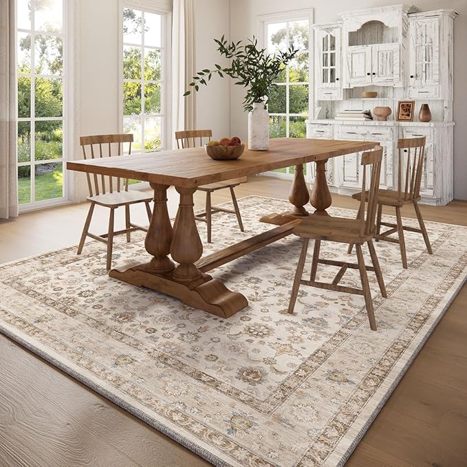 Washable Area Rugs for Living Room: 6x9 Bedroom Rug Boho Vintage Area Rug Stain Resistant Non Slip Low Pile Lightweight Soft Carpets for Dining Room Kitchen Nursery Kids Room Playroom Home Office