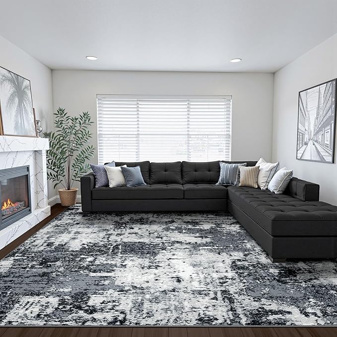 RELEANY Washable Area Rugs 8'x10' Non-Slip Modern Abstract Soft for Living Room Entryway Bedroom Nursery, Print Pattern, Black Navy Blue Gray