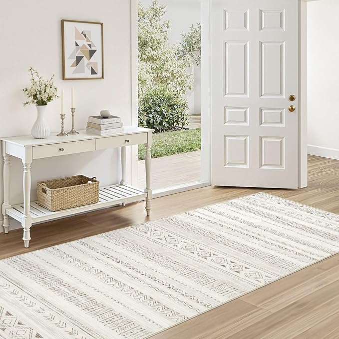 cotiled Washable 3x8 Runner Rugs: Washable Boho Rugs with Non Slip Backing Large Soft Indoor Stain Resistant Carpet for Living Room Bedroom Farmhouse Dining Room Lightweight Home Decor L Brown/Cream