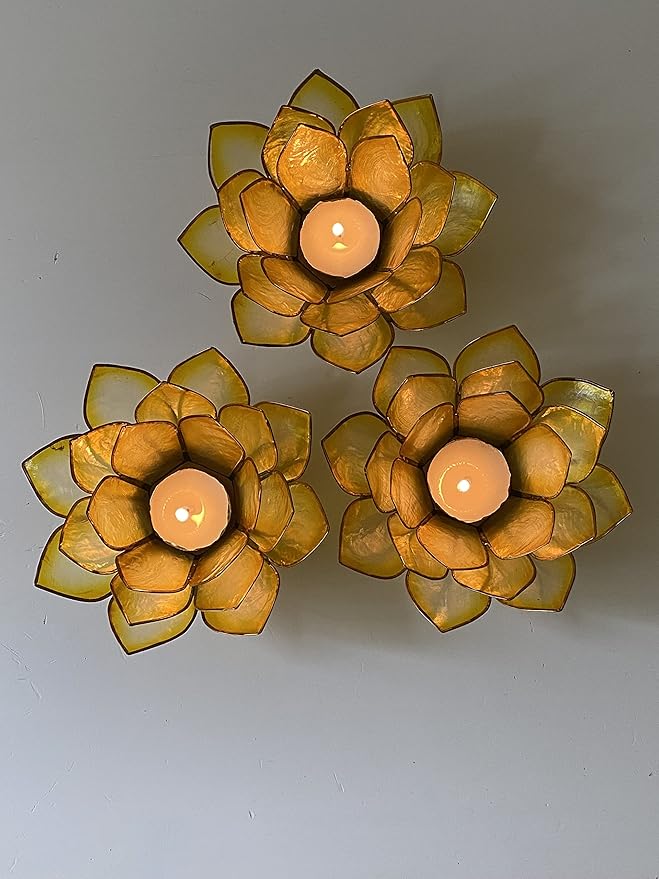 Om Gallery Capiz Shell Lotus Flower Decor Tealight Candle Holder for Serene Ambiance - Handmade Decorative Candle Holders for Meditation, Yoga, and Relaxation, Sunshine