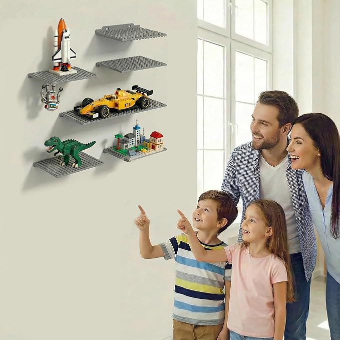 TERDEWE 6 Pack Floating Shelves for Wall Compatible with Lego Building Bricks,16x13 Studs for Display and Protect Completed Legos Projects, Dual-Sided Display Shelves for Room Decor Grey