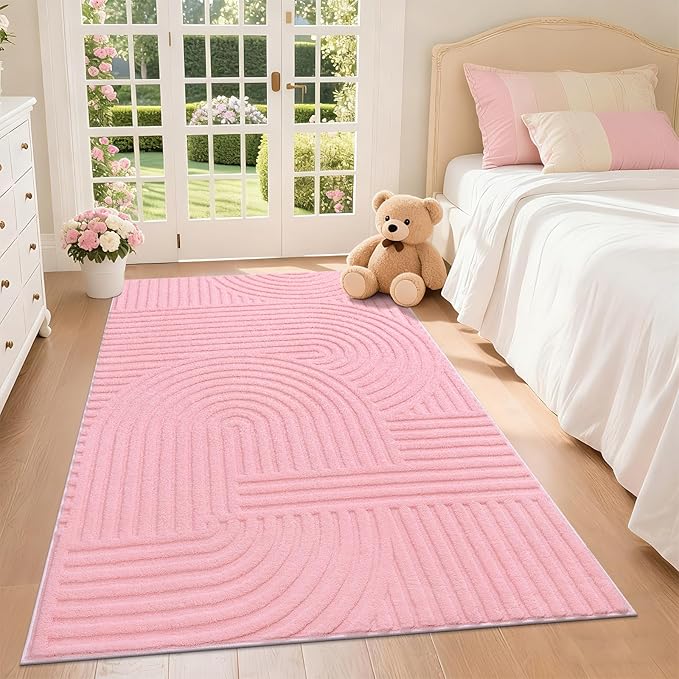 Pauwer Pink Area Rug for Girls Bedroom 3x5 Soft Fluffy Non Slip Machine Washable Rugs Arch Modern Indoor Mat Fuzzy Floor Carpet for Kids Nursery Living Room Dorm Playroom Dining Baby Home Decor