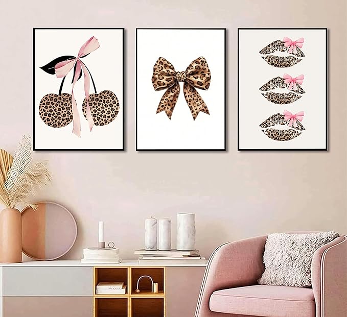 YZLYAD 3Pcs Trendy Leopard Print Wall Art,Fashion Bow Cherry Lips Y2k Poster Pictures,Stylish Preppy Aesthetics Girls' Rooms Canvas Wall Decor for Bedroom Dorm Apartment.24x16in Unframe