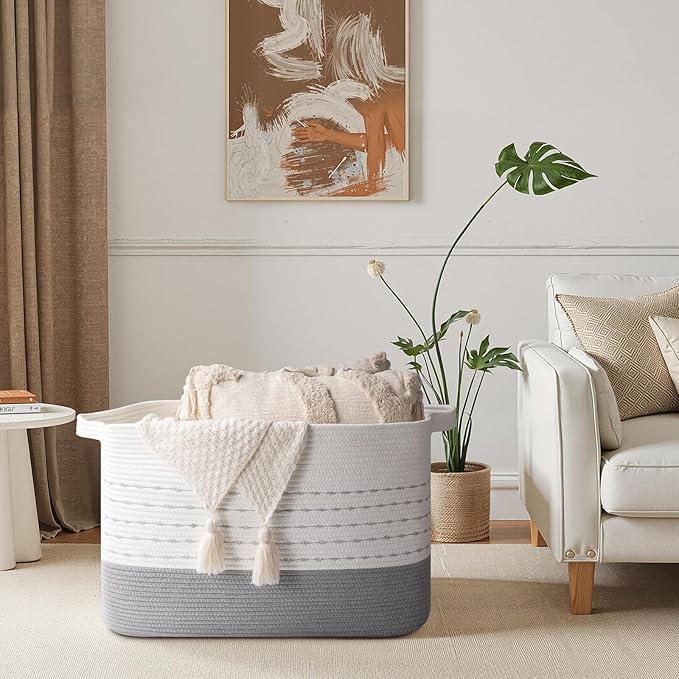 OIAHOMY 108L Extra Large Blanket Basket, 25”x16”x16” Rectangle Woven Cotton Rope Baskets for for Living Room, Toy Storage with Handle- Gradient Grey