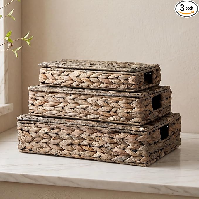 3 Pcs Wicker Storage Baskets with Lids 16" 14" 12" Water Hyacinth Pantry Baskets Woven Organizers Decorative Storage Boxes for Organizing Shelves, Bedroom, Living Room(Black)