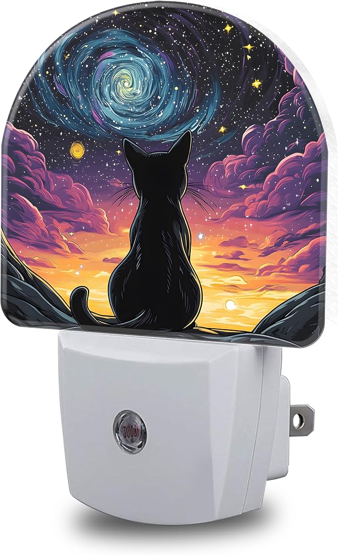Van Gogh Starry Night Night Light, Black Cat Night Lights Plug into Wall Dusk to Dawn Sensor Round Nightlight for Women Men Energy Efficient Led Lamp 0.5W for Stairway Hallway Bedroom