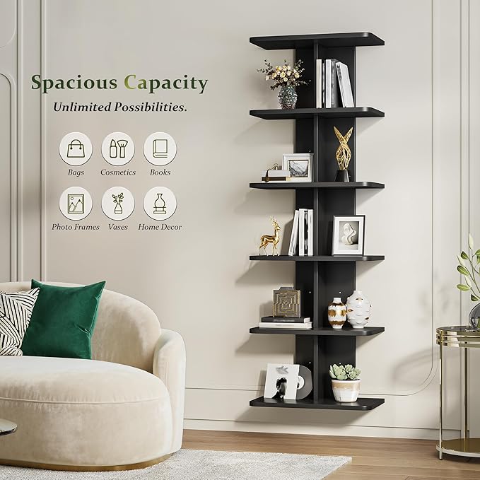 REIBII 6 Tier Floating Shelves, Vertical Column Black Wall Shelves for Home Decor, Floating Shelf for Living Room, Bedroom, Office
