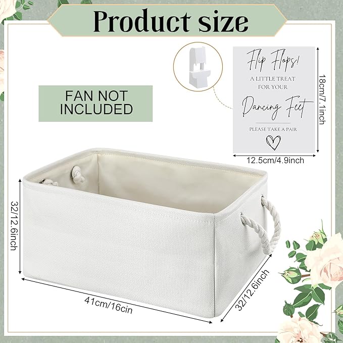 AceOrbit Wedding Basket with Handle "treat for Your Dancing Feet" Table Sign Linen Fabric Rectangular Storage Basket Bin for Organizing Wedding Slippers Bridal Shower Flip Flops Dancing Shoes