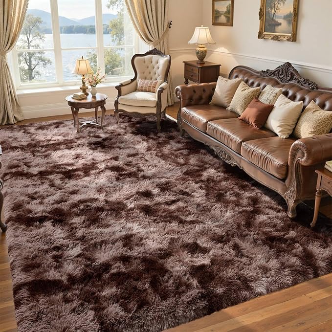 6x9 Brown Rugs for Living Room Fluffy Fur Bedroom Area Rug,Rustic Plush Non-Slip Dark Carpet for Book Room Office,Coffee Stain Resistant