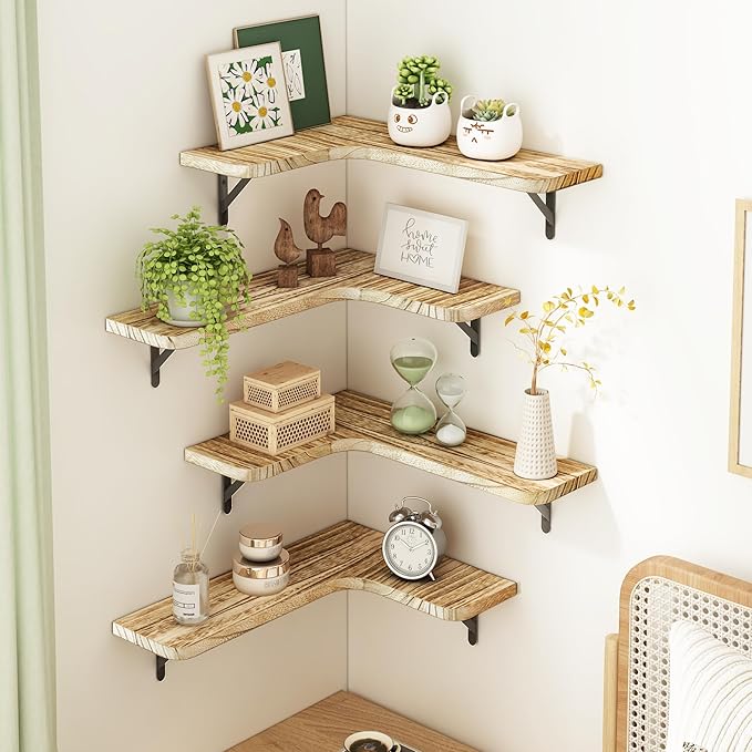 Fixwal Floating Shelves for Wall, Rustic Wood Wall Mounted Corner Shelf for Bathroom, Kitchen, Bedroom, Home Decor, Laundry Room, Living Room, Set of 5 (Carbonized Black)