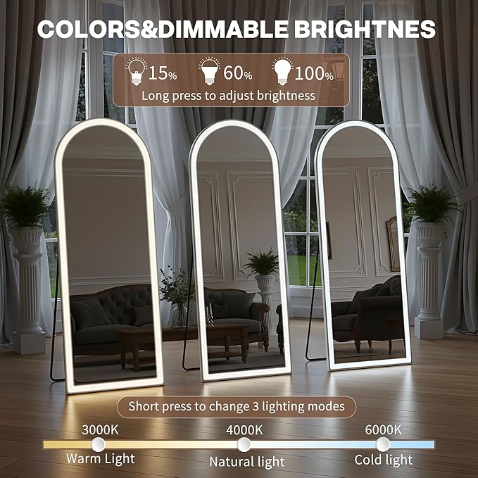 Arched Full Length Mirror with LED Lights, 60"x16" LED Floor Mirror with Stand, Body Floor Mirrors with Dimming & 3 Color Lighting, Wall Mounted LED Mirrors for Bedroom, Dressing Room, Cloakroom