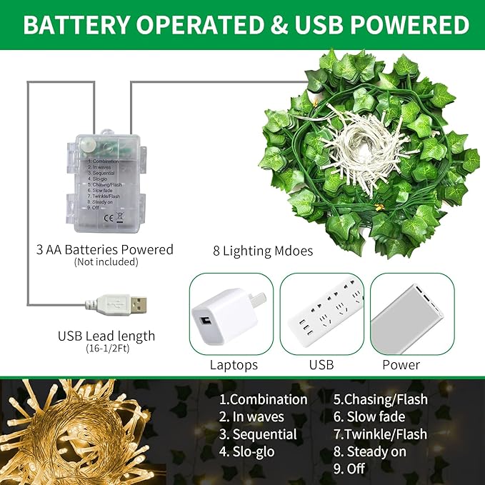 Freyalife Artificial Vines with LED Fairy Lights, 33ft Green Silk Ivy Garland, 8 Light Modes, Remote Control, Indoor Decor for Bedroom, Living Room, Wedding, Party