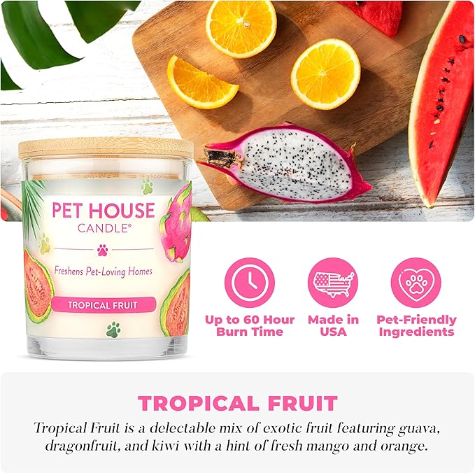 Pet House Candles, Clean Burning, Long Lasting Pet Odor Candles, Plant-Based, 60 Hour Burn Time - Tropical Fruit, 9 oz, 2 Pack