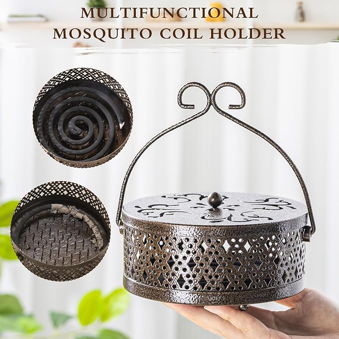 Lallisa 2 Pieces Incense Coil Holder Mosquito Coil Holder Retro Portable Round Metal Hanging Incense Burner Holders with Handle for Home Indoor Outdoor Camping Patio (Bronze Color)