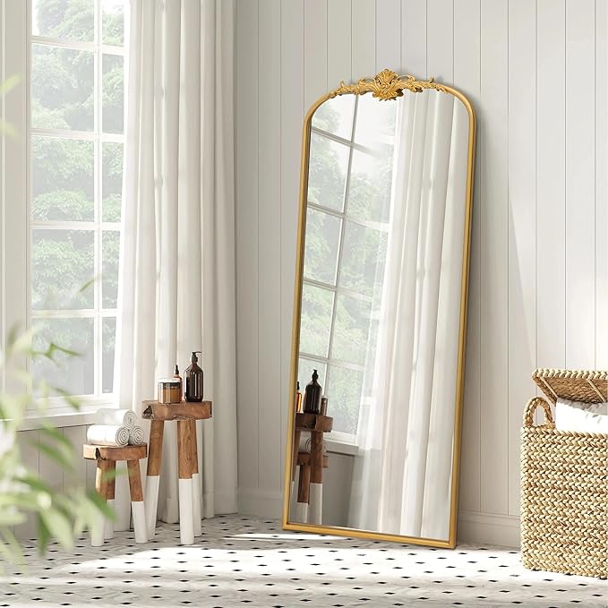 Besdomus Antique Full Length Mirror: 21"x56" French Gleaming Gold Arched Full Body Mirror - Floor Vintage Baroque Traditional Ornate for Entryway/Cloakroom/Bedroom - Home Decor for Interior Designers
