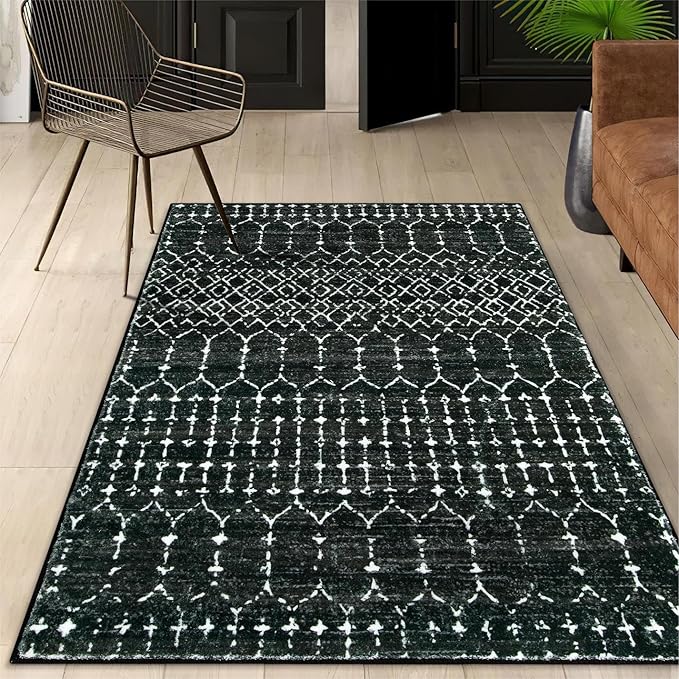 Lahome Moroccan Black Rug for Bedroom Washable Area Rugs 4x6 Non-Slip Ultra-Thin Living Room Carpet Stain Resistant Throw Entryway Indoor Mat, Geometric Print Modren Carpet Rug for Office Kitchen Hana