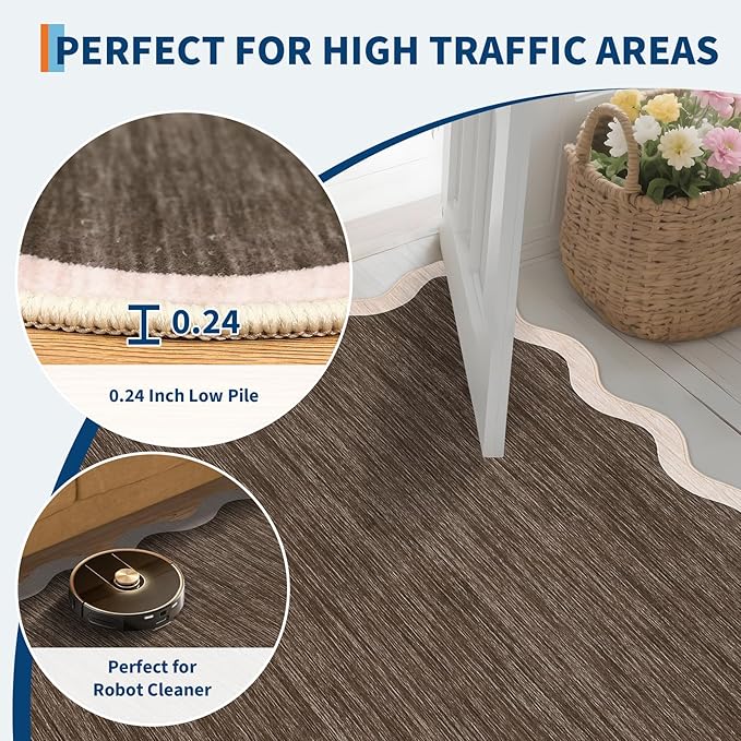 GarveeHome Scalloped Washable Area Rug 8 x 10 Rug for Living Room Modern Brown Rug Non Slip Throw Rugs Distressed Large Bedroom Area Rug Stain Resistant Carpet for Dining Room Nursery 8'x10' Brown