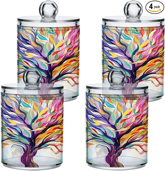 4 Pack Qtip Holder Dispenser Rainbow Life Of Tree Plant Cotton Ball Swab Round Pads Floss Clear Bathroom Storage Containers Plastic Apothecary Jars with Lids