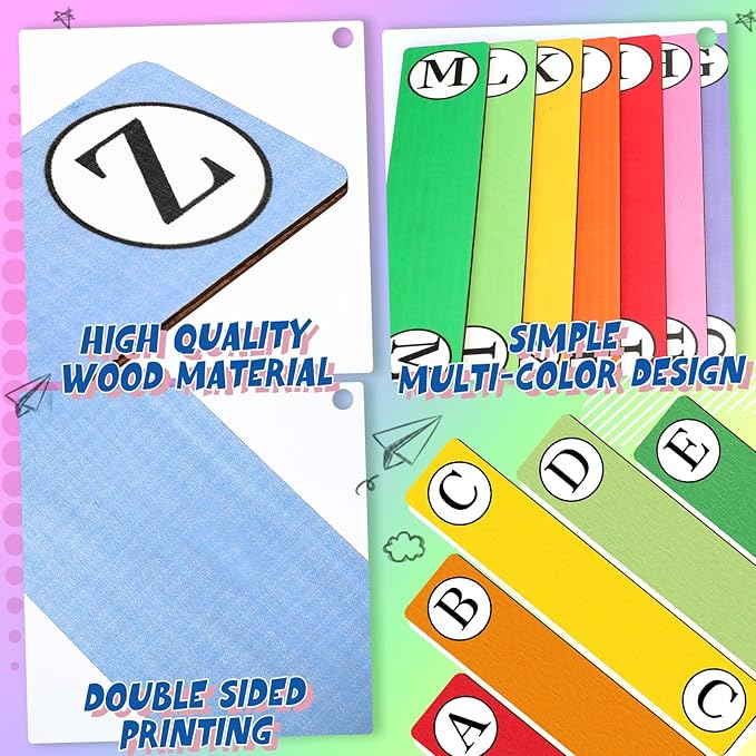 26 Pcs Library Alphabet Book Dividers Wooden Vinyl Record Organizer Separators 26 Alphabetical A-z Dividers Bookshelf Markers for Shelves Cds, Albums, Books(Colorful)