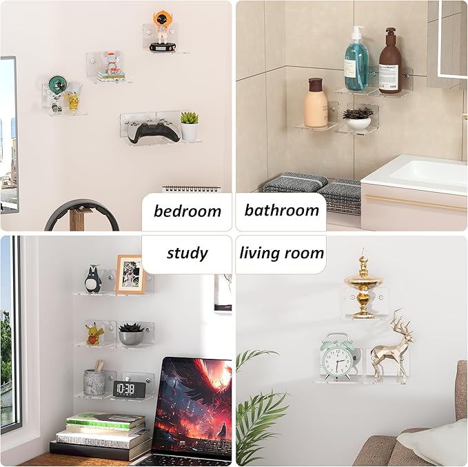 Sezanrpt 4 Inches Clear Small Wall Shelves, 4mm Thickness Acrylic Small Floating Shelf for Figures, Plants, Security Cameras, Speakers, Moisture-Proof, 2 Pack
