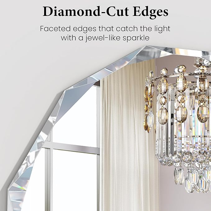 24 Inch Faceted Round Mirror for Wall Decor, Diamond-Cut Beveled Circle Vanity Mirror, Solid Backed Sparkle Frameless Mirror for Powder Room & Entryway, Art Deco Style