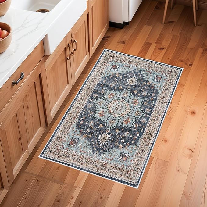 Washable Oriental Area Rug - 2x3 Rugs for Living Room Soft Carpet for Bedroom Waterproof Floral Distressed Indoor Stain Resistant Non-Shedding Floor Carpets (Blue/Teal/Orange, 2x3)