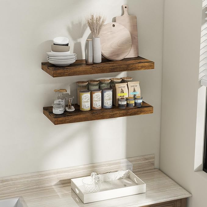 Fun Memories 32 Inch Brown Floating Shelves for Wall, 12 Inch Deep Shelves for Bathroom|Kitchen|Bedroom, Wall Mounted Rustic Wood Floating Shelf with Invisible Brackets for Books|Storage|Decor, 2 Pack