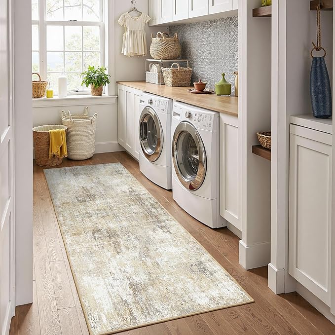 RELEANY Washable Area Rugs 2'x10' Non-Slip Modern Abstract Soft for Living Room Entryway Bedroom Nursery, Print Pattern, Neutral Brown Gray