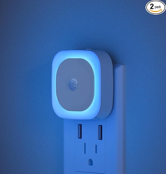 YUNLEX 2 Pack Plug in Night Light with Motion Sensor & Dusk to Dawn Sensor, 3 Sensor Modes, Auto ON/Off, Dimmable, Night Lights Plug into Wall for Bathroom, Kitchen, Adults, Indoor, Light Blue