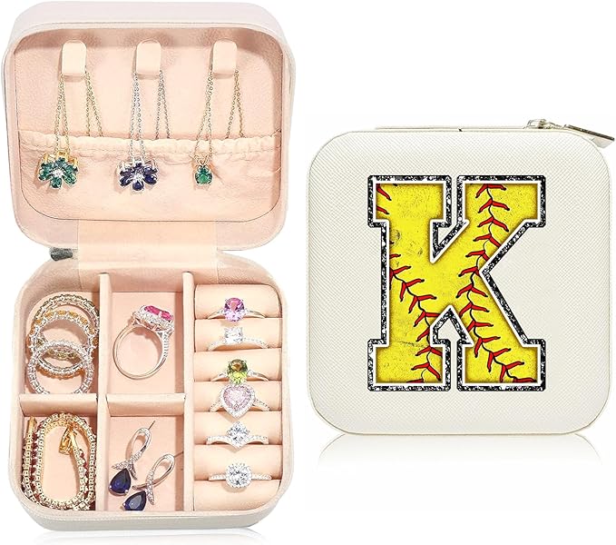 Softball Initial K Travel Jewelry Case,Valentine's Day Gift Softball Gifts for Teen Easter,Jewelry Box Personalized Softballs Accessories Letter Birthday Gifts for Players Coach Team Mom