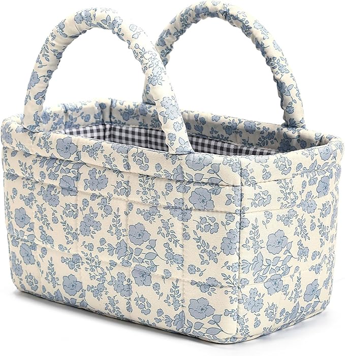 Small Storage Basket Organizer, Mini Fabric Floral Storage Baskets with Handle, Quilted Portable Collapsible Storage (Blue Floral)