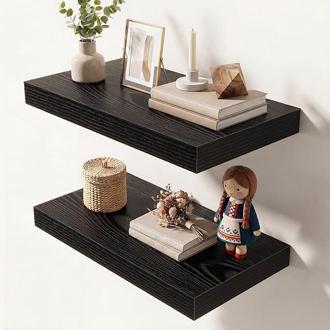 Dreamland 16 Inches Floating Shelves for Wall, 9.3" Deep Long Floating Shelves Set of 2, Large Display & Storage Shelf, Wall Shelf for Bathroom Bedroom Living Room Kitchen Office, Black