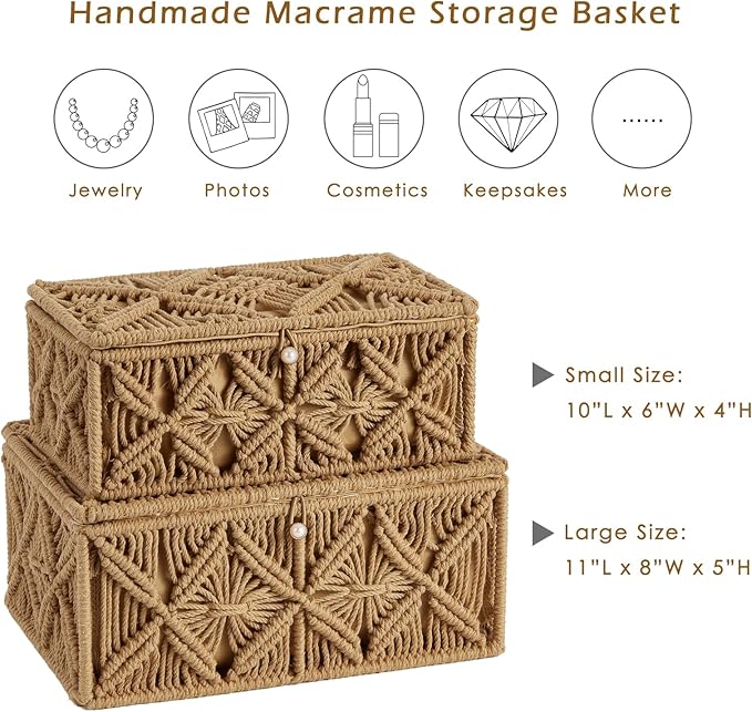 2PCS Decorative Boho Storage Baskets with Lid Bohemian Macrame Jewelry Box Handmade Natural Cotton Rope Woven Bins Memory Keepsake Photo Makeup Organizer Container (Khaki, 1 Large 1 Small)