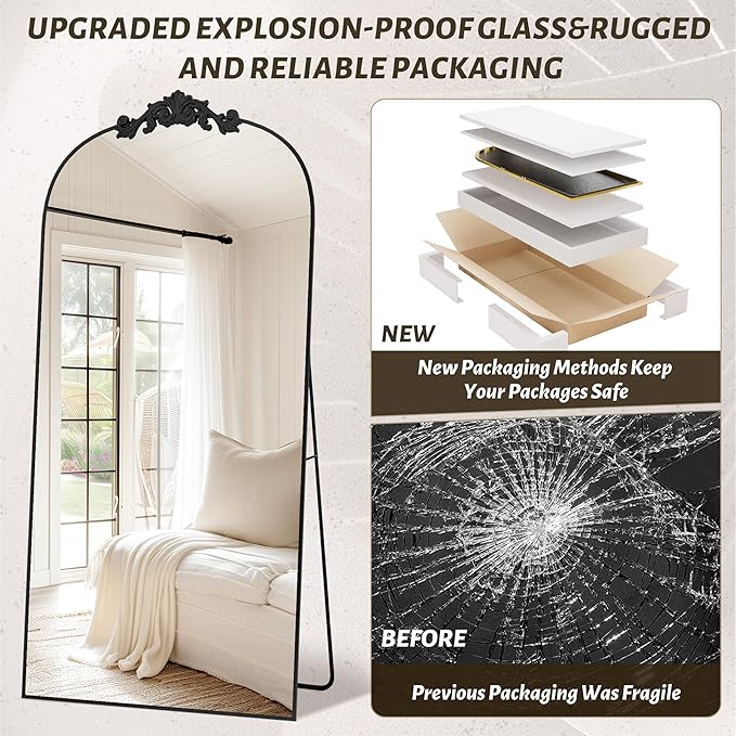 Vintage Full Length Mirror,78"x38" Arched Antique Floor Mirror with Carved Metal Frame,Large Standing Wall Mounted or Leaning Mirror for Bedroom Living Room Entryway,Black