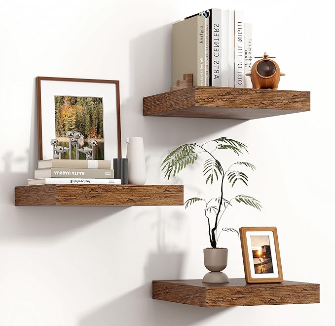 Square Floating Shelves for Wall 12"W x 12"D x 1.4"H, Small Engineered Wood Wall Shelves with Invisible Brackets for Living Room Bedroom Bathroom Office Kitchen Storage Decor, Rustic Brown, Set of 3